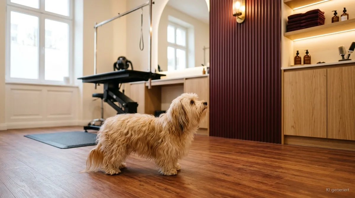Hundefriseur für Angsthunde in Oberhausen: ein Hund kommt an und schnuppert sich in Ruhe ein