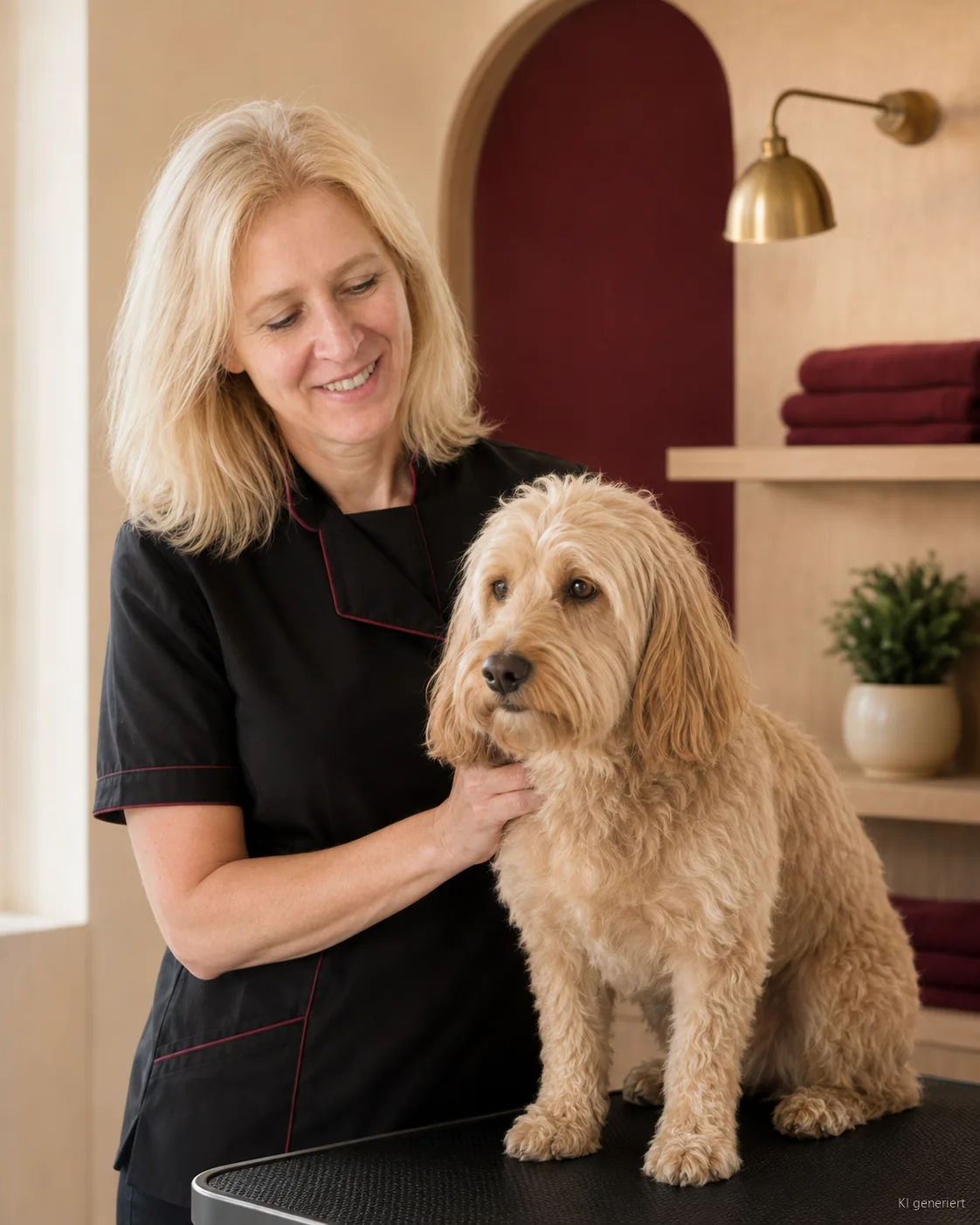Hundefriseurin Natalie Hitschler mit einem entspannten Hund im Hundesalon RundumFellFit in Essen-Borbeck
