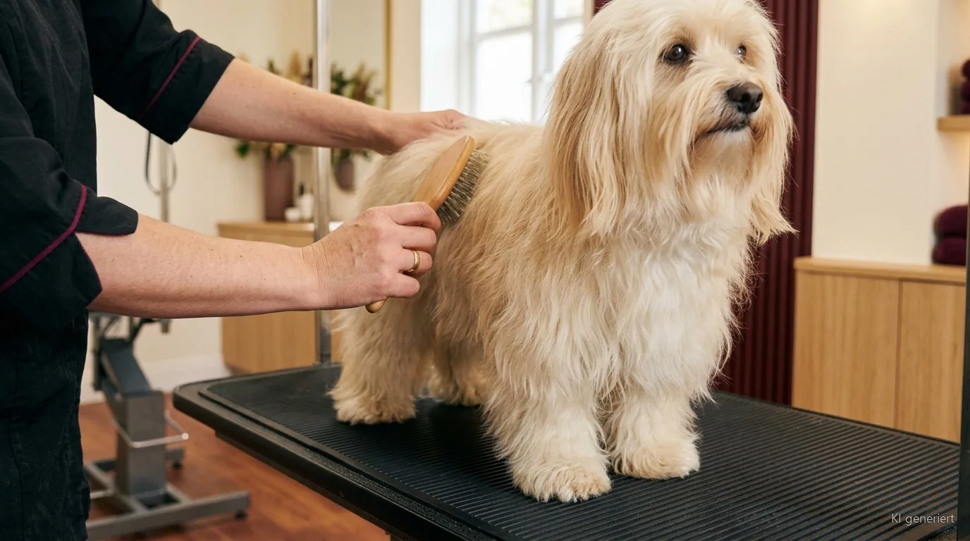 Hundefriseurin bürstet einen langhaarigen Havaneser auf dem Groomingtisch im Hundesalon RundumFellFit
