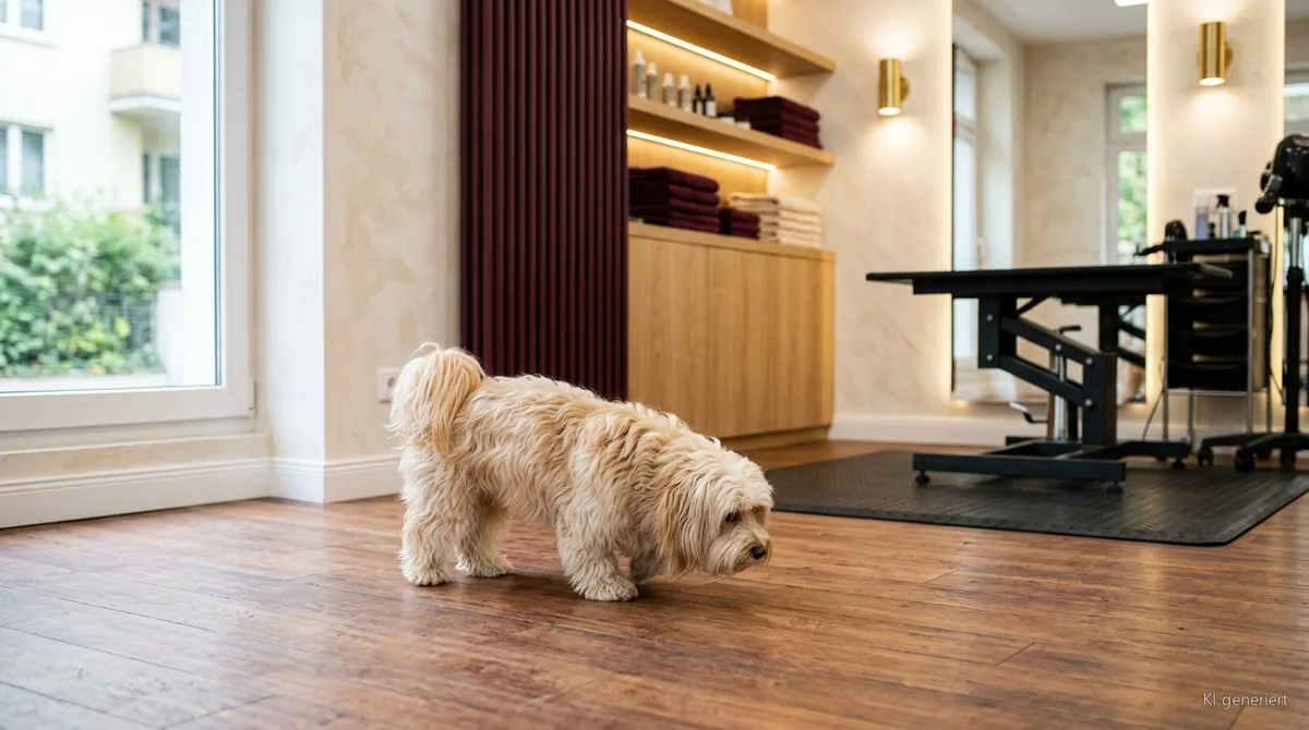Ängstlicher Hund erkundet den Hundesalon in Oberhausen in seinem eigenen Tempo