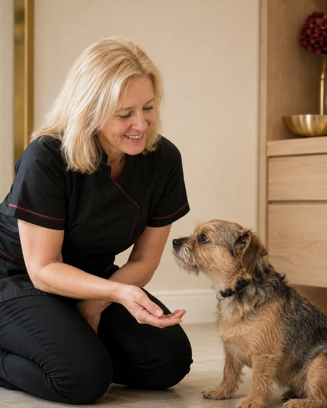 Hundefriseurin hockt sich ruhig zu einem unsicheren Hund hinunter
