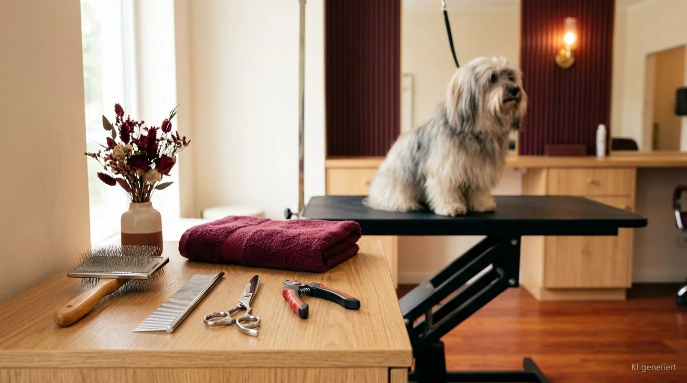 Bürste, Kamm, Schere und Krallenzange auf dem Arbeitstisch im Hundesalon RundumFellFit