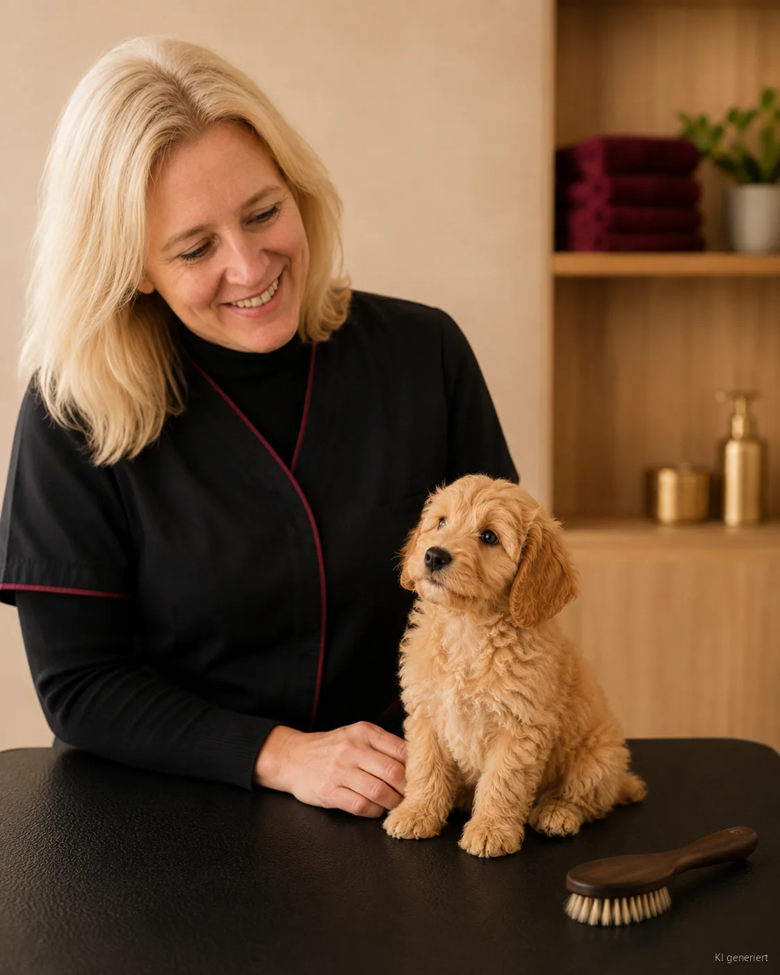 Welpe beim ersten Besuch im Hundesalon auf dem Groomingtisch