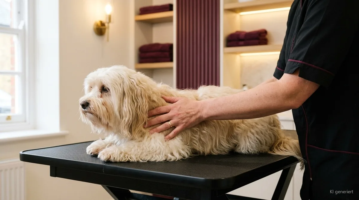 Ruhige Hände liegen auf einem entspannten Hund, ohne ihn festzuhalten