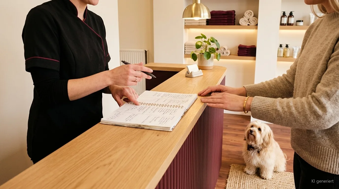 Beratungsgespräch am Empfangstresen des Hundesalons RundumFellFit