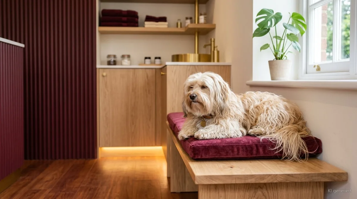 Hund macht eine Pause auf dem Kissen im Hundesalon RundumFellFit in Oberhausen
