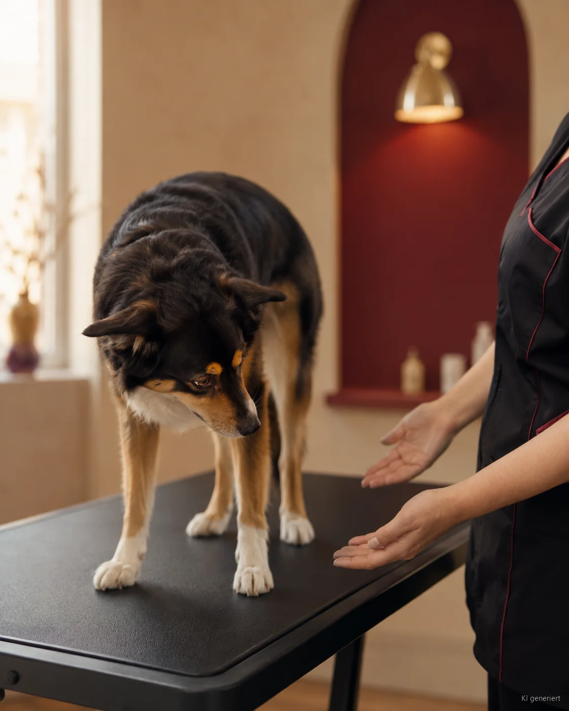 Hund dreht den Kopf weg, die Hundefriseurin wartet ruhig ab