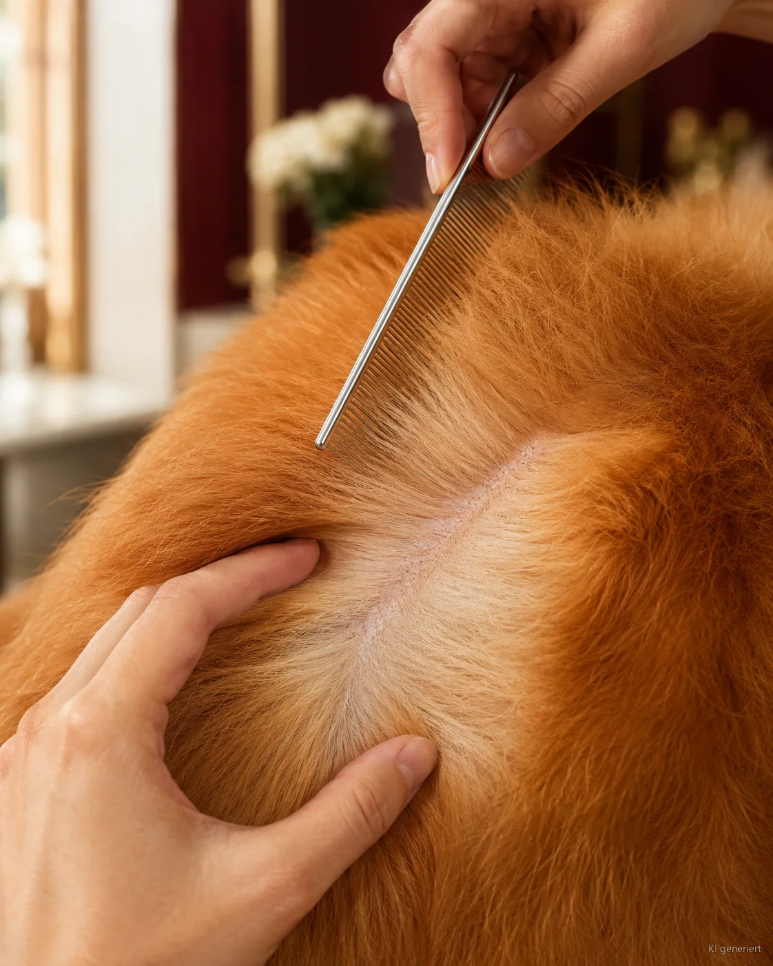 Kamm teilt das Fell eines Hundes bei der professionellen Fellpflege