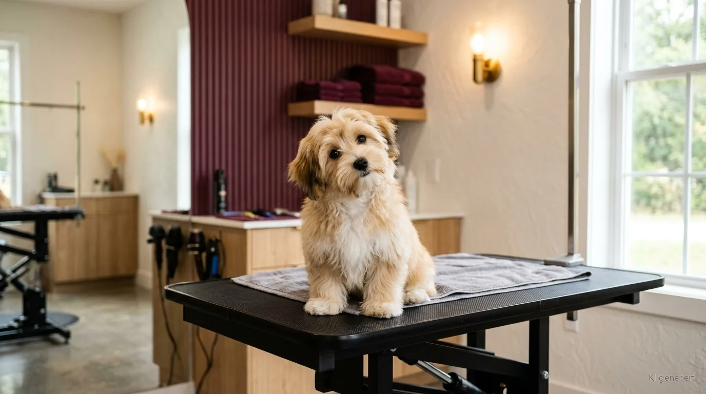 Welpe sitzt entspannt auf dem Groomingtisch im Hundesalon RundumFellFit
