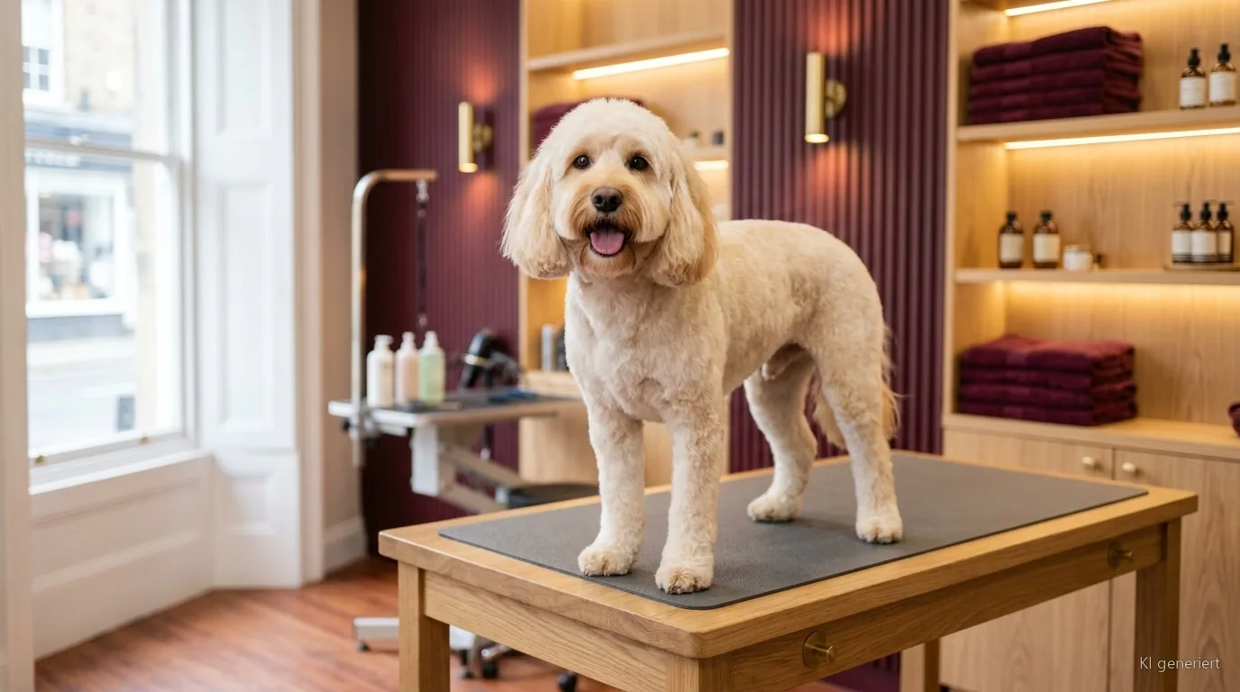 Kurz geschorener Hund steht munter auf dem Groomingtisch, Kopf und Ohren sind länger gelassen